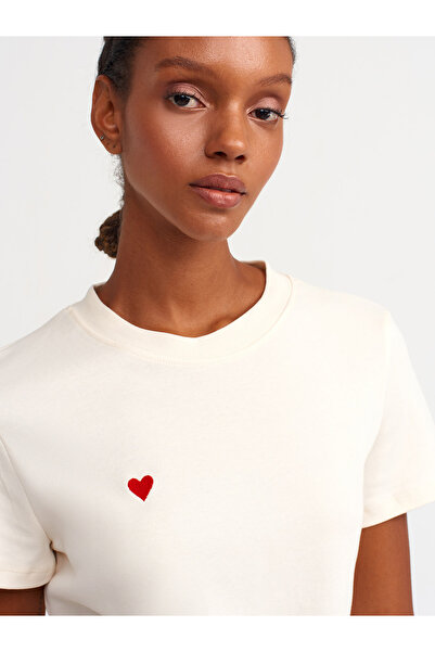 Dilvin 30584 Bisiklet Yaka Pamuklu T-Shirt-Kemik