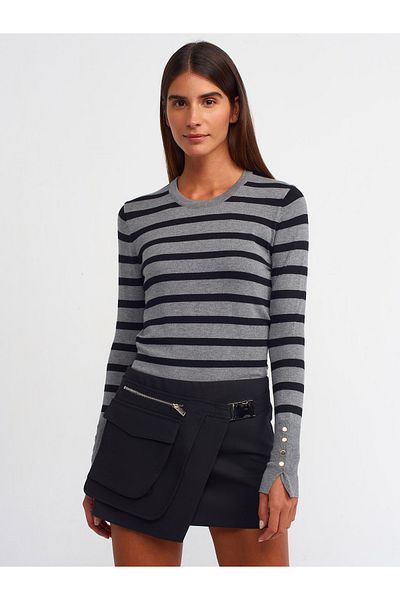 Dilvin 10433 Crew Neck Striped Mid-Sleeve Drolpu Sweater-Smoked-Black