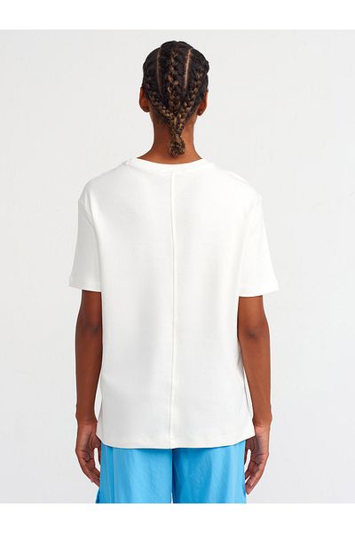 Dilvin 31218 Ecru Cotton T-shirt - Stitching Detail