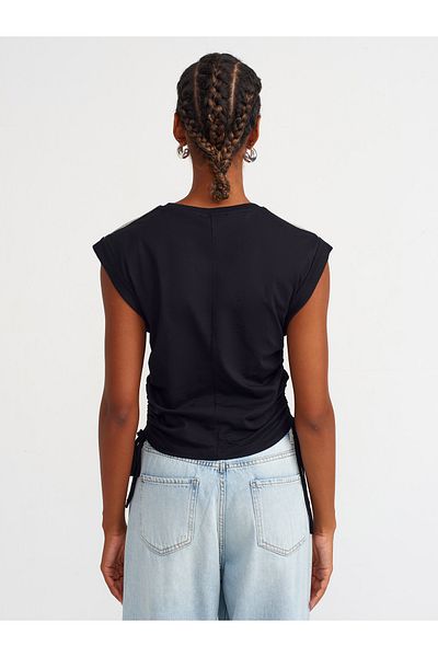 Dilvin 31075 Black Jewelled T-shirt - Side Gather Detail