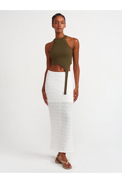 Dilvin 80370 Ecru Long Lace Skirt - Slit