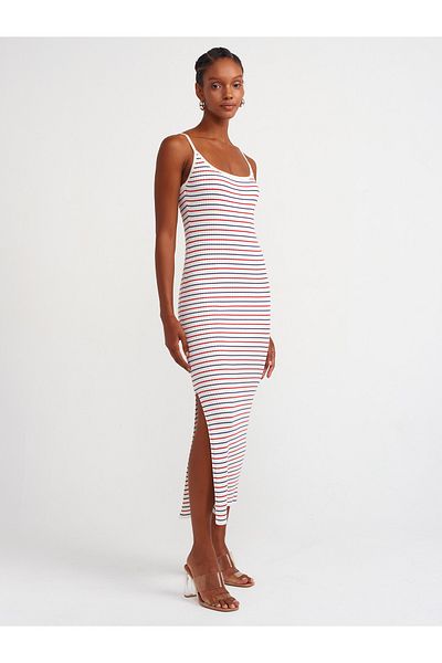 Dilvin 90227 Rochie din tricotaje cu dungi cu bretele ecru