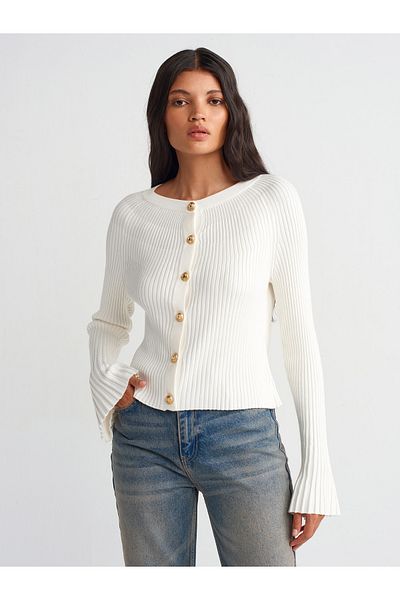Dilvin 60246 Ecru Crew Neck Spanish Sleeve Knitwear Cardigan