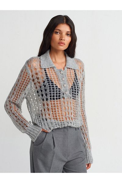 Dilvin 10624 Polo Collar Gray Melange Knitwear Sweater - Stone Buttoned and Openwork