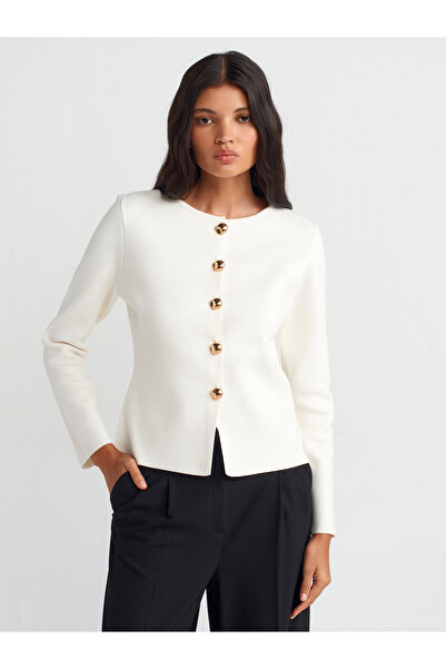 Dilvin Ecru 60255 Model Crew Neck and Buttoned Knitwear Cardigan