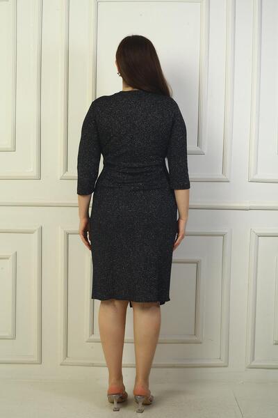 By Saygı Plus Size Glitter Short Dress - Double Breasted Collar, Long Sleeve, Lined and Pleated Waist Detail