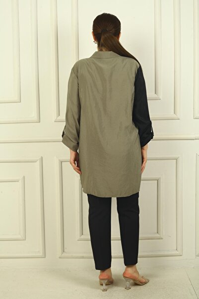 By Saygı Color Blocking Plus Size Μακρύ Γυναικείο Πουκάμισο - Διπλωμένο Μανίκι