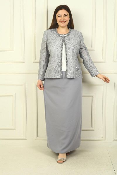 By Saygı مقاس كبير للنساء - سترة مطرزة بأكمام نصف قمر، وبلوزة كريب مبطنة وتنورة طويلة مكونة من 3 قطع