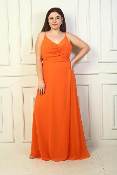 By Saygı Plus Size Draped and Lined Long Chiffon Dress - Rope Strap