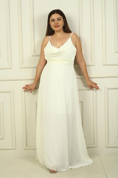 By Saygı Plus Size Draped and Lined Long Chiffon Dress - Rope Strap