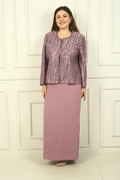 By Saygı Rochie din crep cu mâneci cu jumătate de lună, cu jachetă cu paiete și căptușeală - Set de 2 mărimi plus