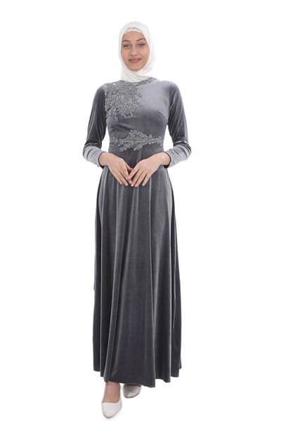 lodmela Γκρι Velvet Hijab Βραδινό Φόρεμα - Απλικέ Λεπτομέρεια, Φόρεμα 694