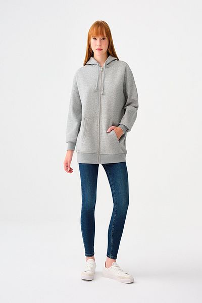 Loft 2038225   Gray Rope Detailed Women's Cardigan - Hooded, Pocketed and Neck Zippered Sweat