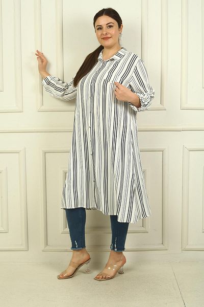 By Saygı Neck Striped Large Size Long Tunic Shirt - Sleeve Folded