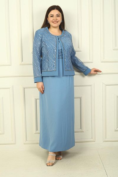 By Saygı Beaded Sequin Embroidered Tulle Jacket and Long Dress - Half Moon Sleeves, Lined, Large Size 2-piece Set
