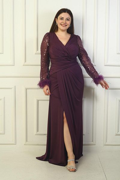 By Saygı Plus Size Sandy - Double Breasted Collar and Tulle Sleeves, Draped and Furry Ends, Bead-Sequins Detail