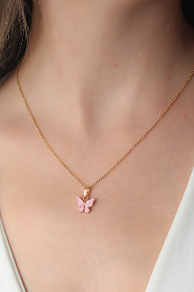 Skygo Pink Butterfly Figured Gold Women's Necklace - TJ-BKO6817