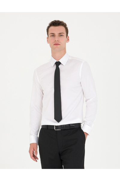 Pierre Cardin Λευκό γυαλιστερό σατέν πουκάμισο με μακριά μανίκια και στενή εφ...