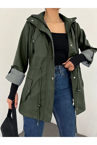 Modamorfo Hooded Top Pocket Detailed Short Trencoat -Khaki