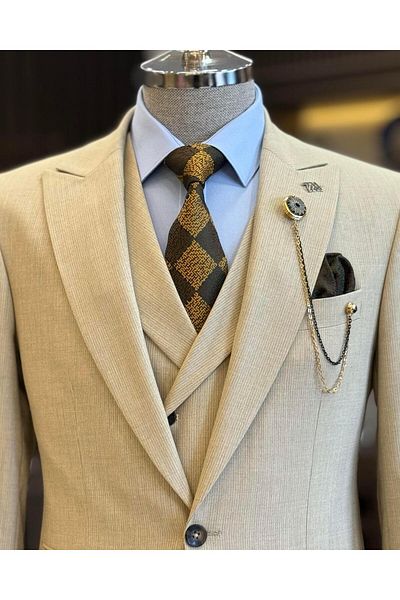 TerziAdemAltun Beige Italian Style Jacket Vest Trousers Set - T12819