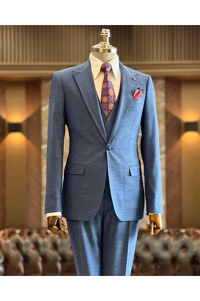 TerziAdemAltun Blue Italian Style Jacket Vest and Trousers Set - T12857