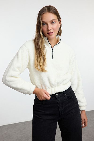 Trendyol Collection Pohodlný střih – límec na zip Ecru KnittedMikinaTwoaw25sw00158