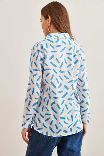 Olalook Cămașă de damă din in albastru - cu detaliu stick, manșetă GML- 19001248