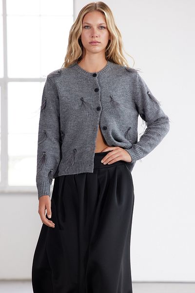 Trendyol Collection Anthracite Color Limited Edition Soft Textured Stone and Feather Detailed Knitwear Cardigan - Twoaw25Hi00320