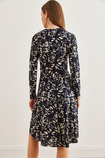 Olalook Leaf Navy Blue květinové vzorované dvouřadé dámské šaty - Elb- 19000962