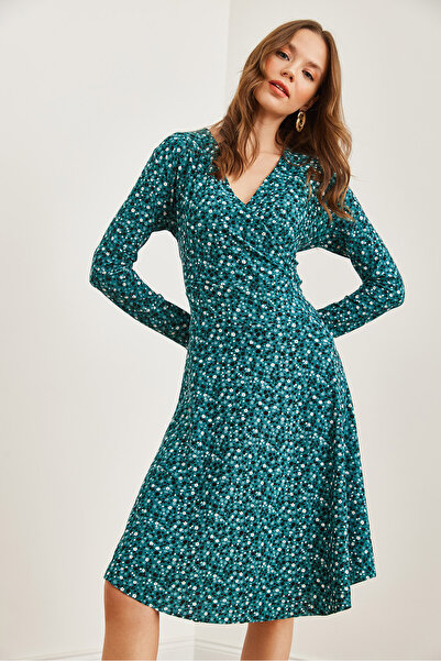 Olalook Kadın Mint Yeşili Çiçekli Kruvaze Örme Elbise ELB-19000962