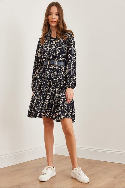 Olalook Leaf Navy Blue s výstřihem do V – Dámské šaty s detailem setrvačníku Elb – 19000989
