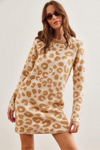Olalook Μαλακό πλεκτό τουνίκ Camel Leopard Print - Γυναικείο φόρεμα με γενειάδα ELB- 19002254