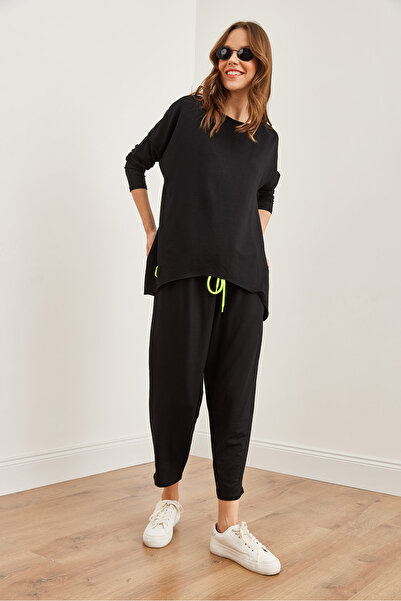 Olalook Black Asymmetric Cut Women's Tracksuit Set - Lacing and Crest Detail, Flowy Etkm- 0000072