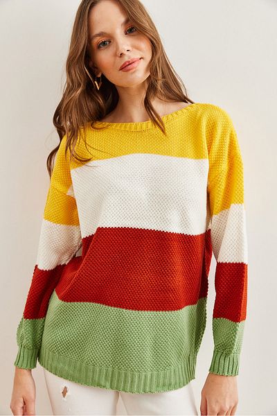 Olalook Mint and Yellow Color Blocked Thin Knitwear Women's Sweater - Kzk- 19000814