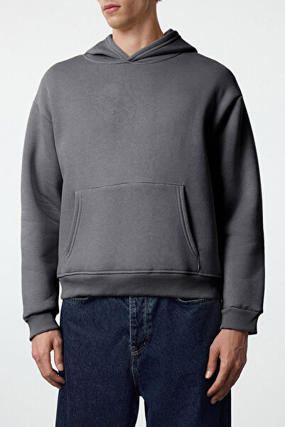 Trendyol Collection Antracitová oversize mikina s vyšívanou kapucí - Tmnaw25Sw00142