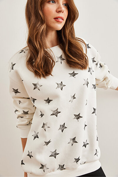 Olalook Kadın Ekru Siyah Yıldız Baskılı Oversize Şardonlu Sweatshirt SWT-19000658