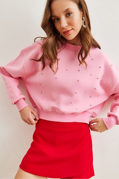 Olalook Mikina Candy Pink Pearl Detailed Crop - Thick Swt- 19000663