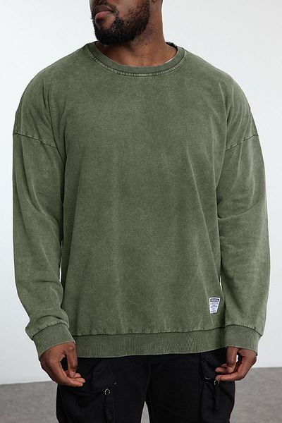Trendyol Collection Khaki 100% Cotton Large Size Oversize/Wide Cut Distressed/Slat Effect Sweatshirt Tmnaw24Ao00031