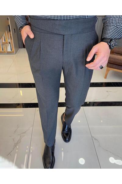 TerziAdemAltun Anthracite Italian style waist detailed pleated men's trousers - T11052