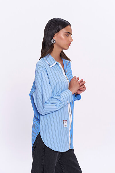 Quzu Blue Striped Oversize Shirt - Front Zipper
