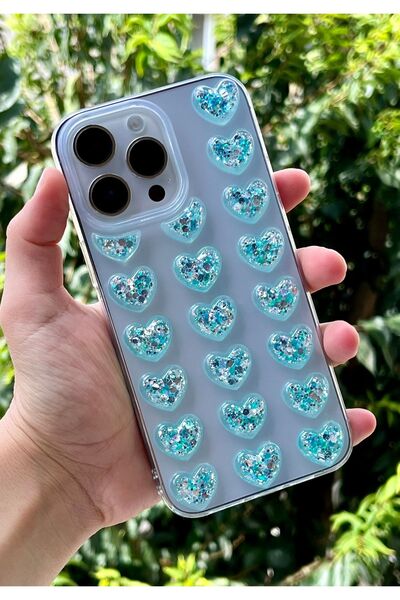HYPERSOFT Iphone 15 Pro Uyumlu 3d Kabartmalı Renkli Simli Kalp Detaylı Şeffaf...