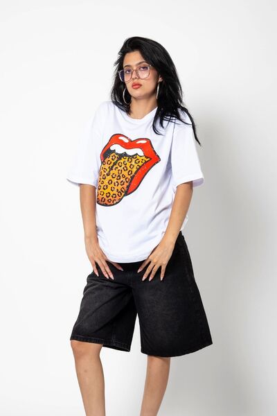 Bak Moda Unisex Premium Λευκό Oversize T-Shirt - Rolling Stones Leopard Printed