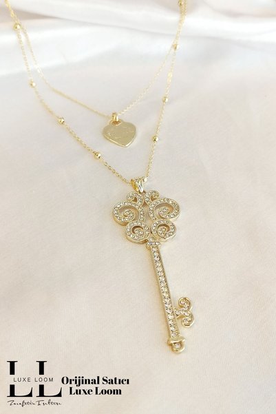 Luxe Loom Zarafetin Işıltısı Women's Gold Zircon Stone Long Key Small Heart Detailed Double Layer Necklace 008