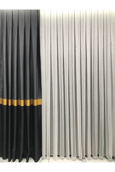 Taç Panel Background Curtain Black-silver Backdrop Gold Belted (medium Close Pleat 1/2.5)