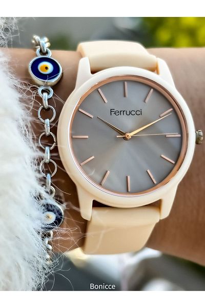 Ferrucci ساعة يد نسائية من السيليكون الناعم باللون البيج وسوار مطرز بالعين الشريرة