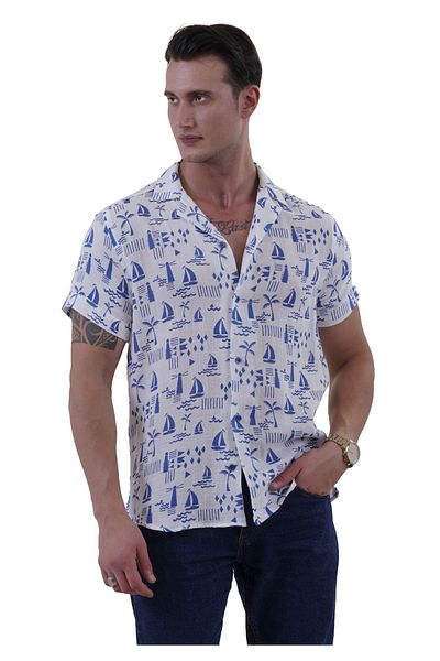 Exve Exclusive White Over Boat Sea Pattern Print Oversize Relaxed Cut Short Sleeve Loose Shirt