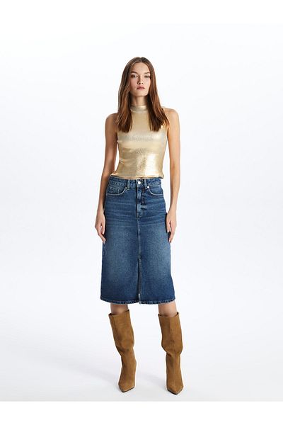 Dexia Fusta de damă albastră cu desfășurare din denim de lungime midi - Cannes Ew3101