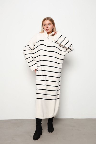 İKLİM LİFE Ecru Thin Striped Zippered Knitwear Dress