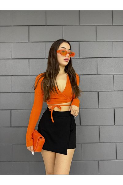 CNRCollection Fustă cu pantaloni scurți cu capac negru pentru femei, flexibilă, talie elastică, mini fustă scurtă din țesătură creponată din Lycra