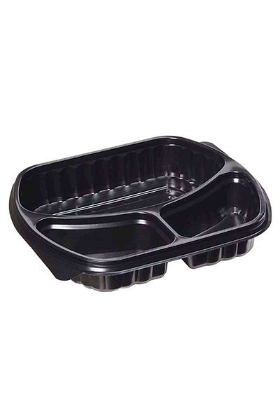 PLASTİKAP Black Plastic Food Container with Lid Microwave Container 3 Compartments 10 Pieces